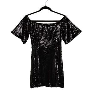 DO + BE Women's Black Off The Shoulder Short Sleeve Sequined Mini Dress Medium
